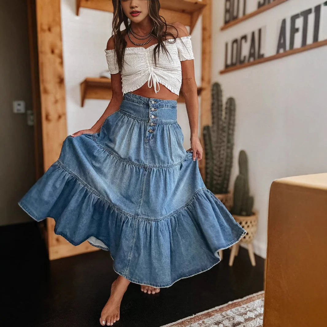 Denim Women's Denim Tiered Maxi Skirt — Francine Boho Button-Front High-Waisted - Model Walking