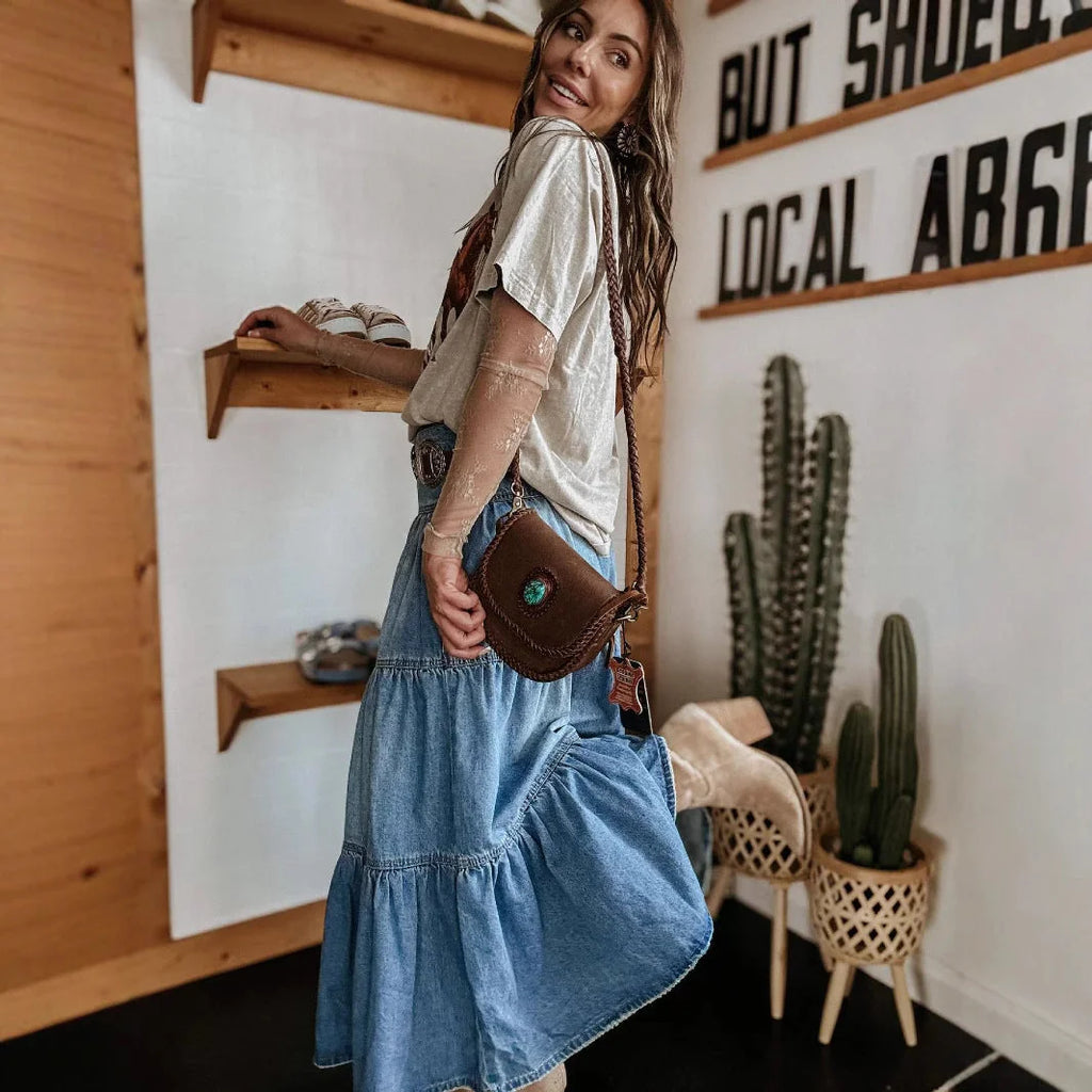Women's Denim Tiered Maxi Skirt - Side Pose