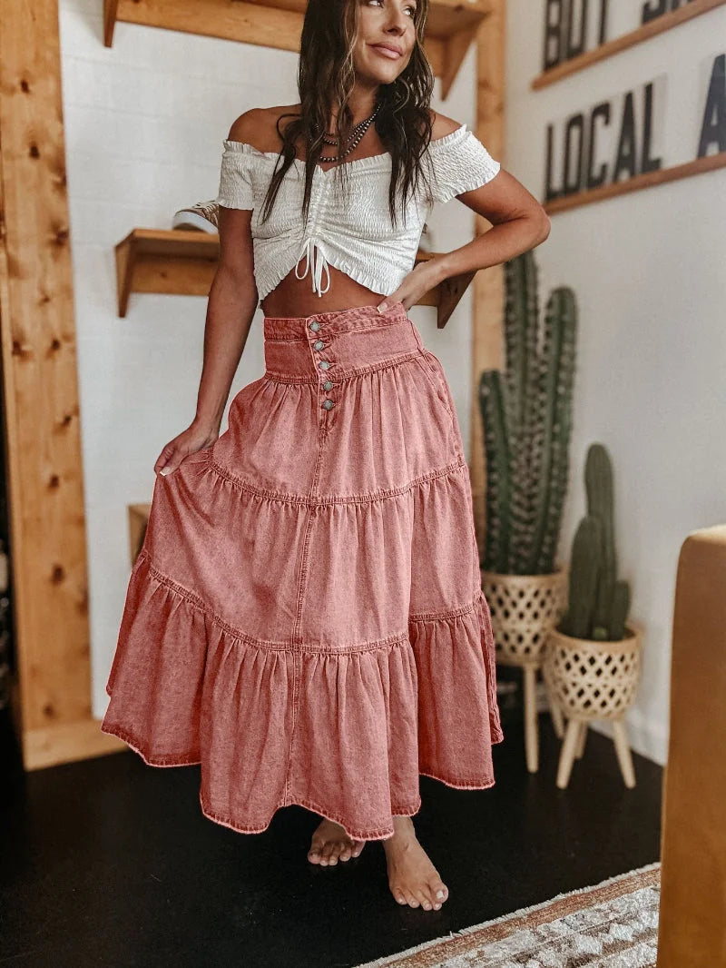 Pink Women's Denim Tiered Maxi Skirt — Francine Boho Button-Front High-Waisted - Front Pose