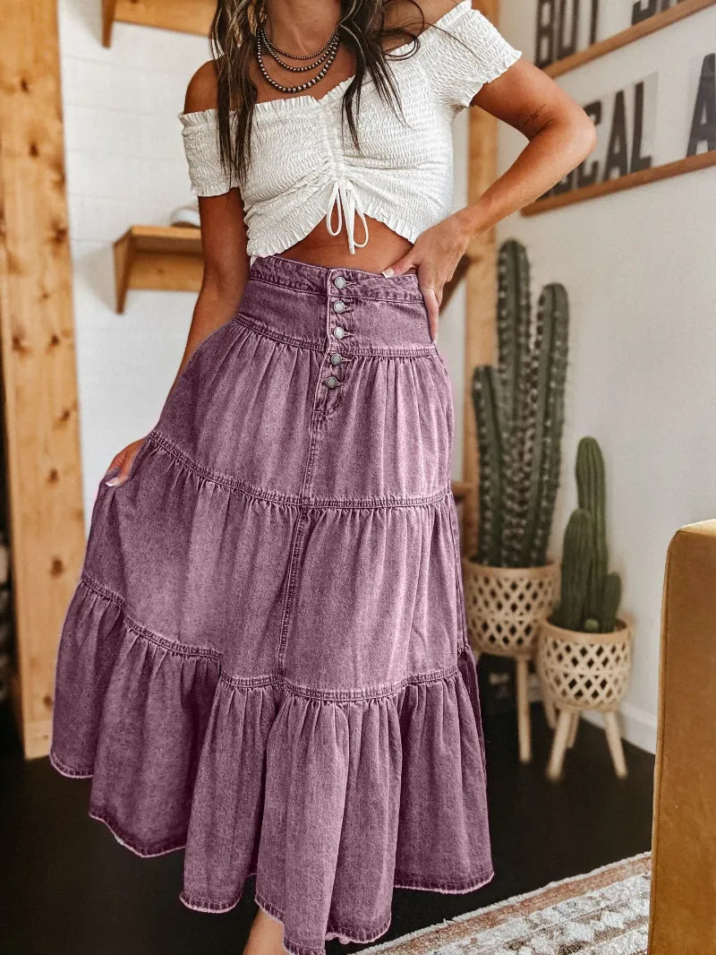 Purple Women's Denim Tiered Maxi Skirt — Francine Boho Button-Front High-Waisted - Front Hands Pockets
