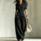 Black Women's Denim Wide Leg Jumpsuit with Button-Front & Pocket Detailing — Willow
