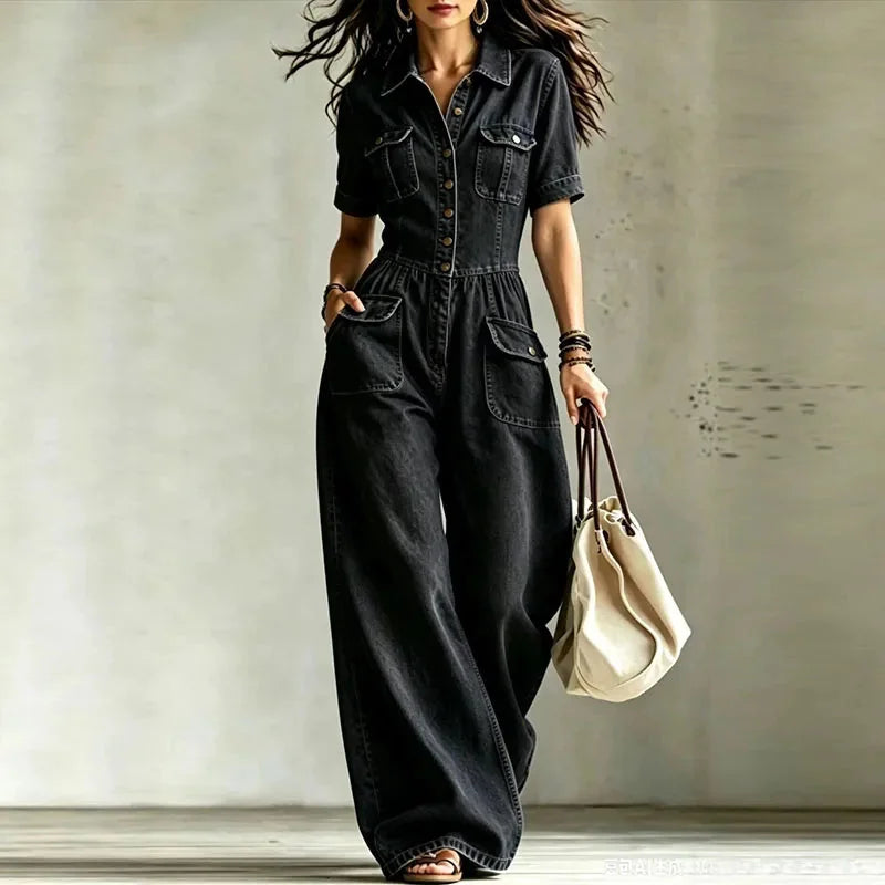 Black Women's Denim Wide Leg Jumpsuit with Button-Front & Pocket Detailing — Willow