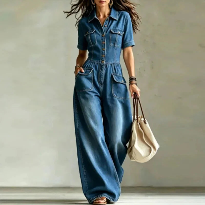Blue Women's Denim Wide Leg Jumpsuit with Button-Front & Pocket Detailing — Willow