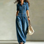 Blue Women's Denim Wide Leg Jumpsuit with Button-Front & Pocket Detailing — Willow