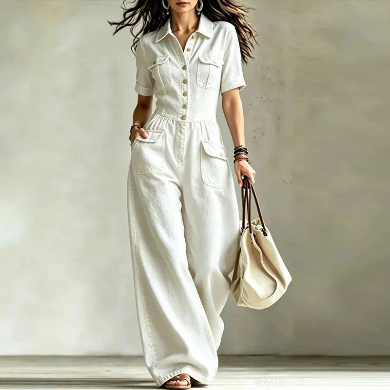 White Women's Denim Wide Leg Jumpsuit with Button-Front & Pocket Detailing — Willow
