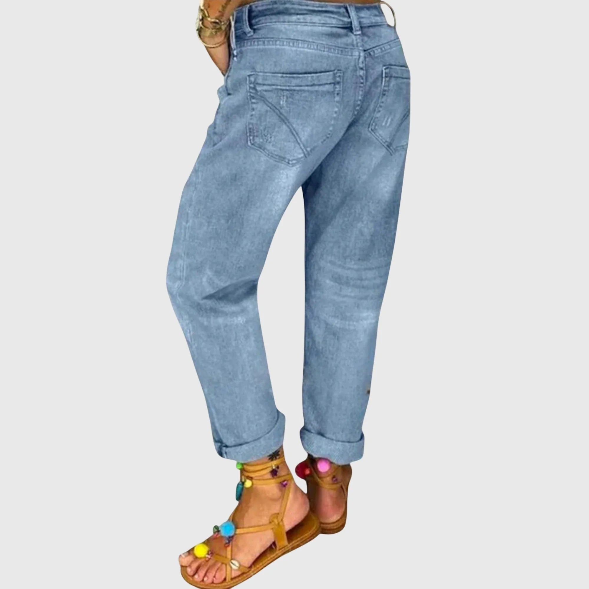 Light Blue Women's Light Wash Distressed Boyfriend Jeans — Reese Cropped Button-Front - Back Detail