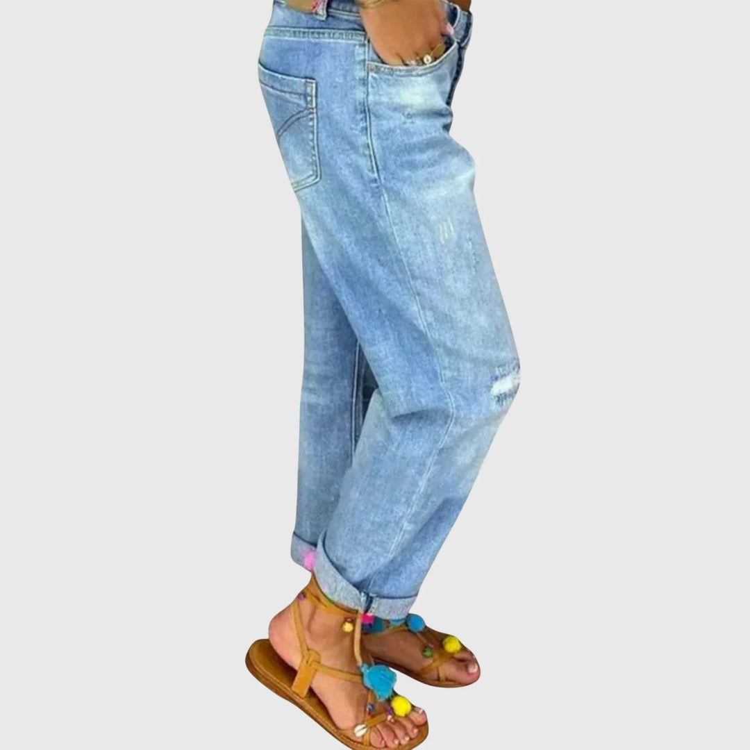 Light Blue Women's Light Wash Distressed Boyfriend Jeans — Reese Cropped Button-Front - Side Pose