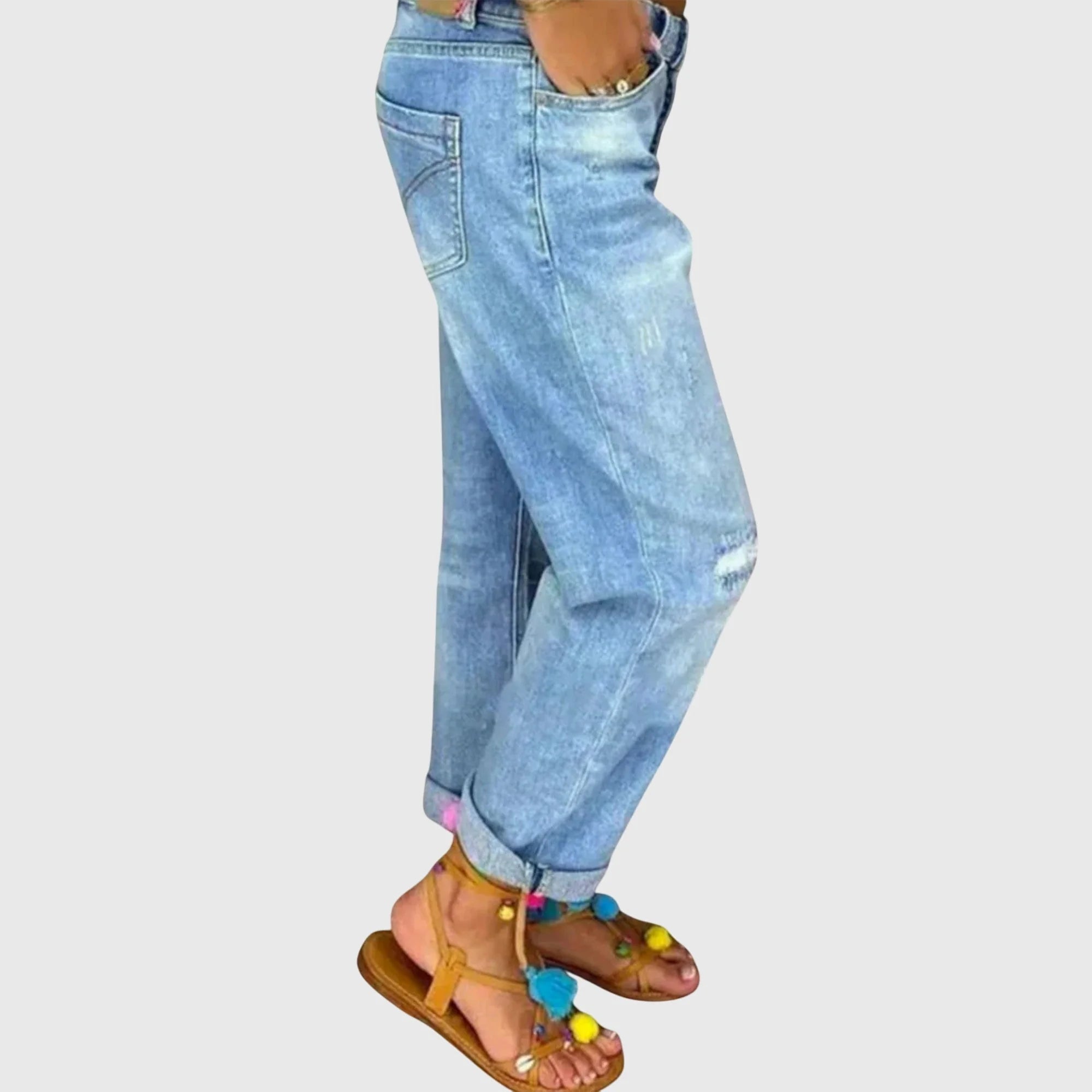 Light Blue Women's Light Wash Distressed Boyfriend Jeans — Reese Cropped Button-Front - Side Pose