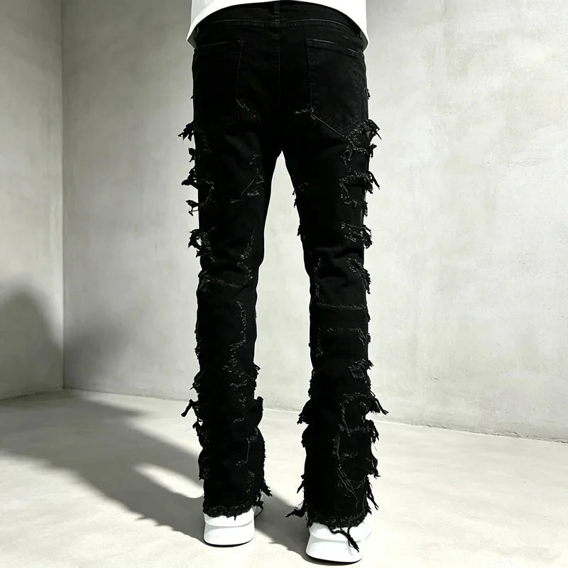 Black Men's Distressed Skinny Jeans with Frayed Detailing - Back Full