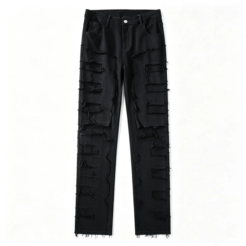 Black Men's Distressed Skinny Jeans with Frayed Detailing - Flat Lay