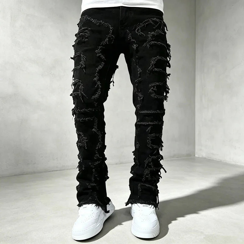 Black Men's Distressed Skinny Jeans with Frayed Detailing - Front Detail
