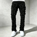 Black Men's Distressed Skinny Jeans with Frayed Detailing - Front Detail