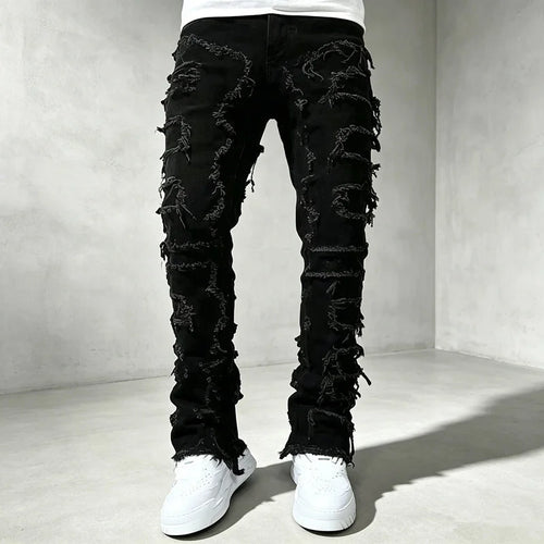 Black Men's Distressed Skinny Jeans with Frayed Detailing - Front Detail