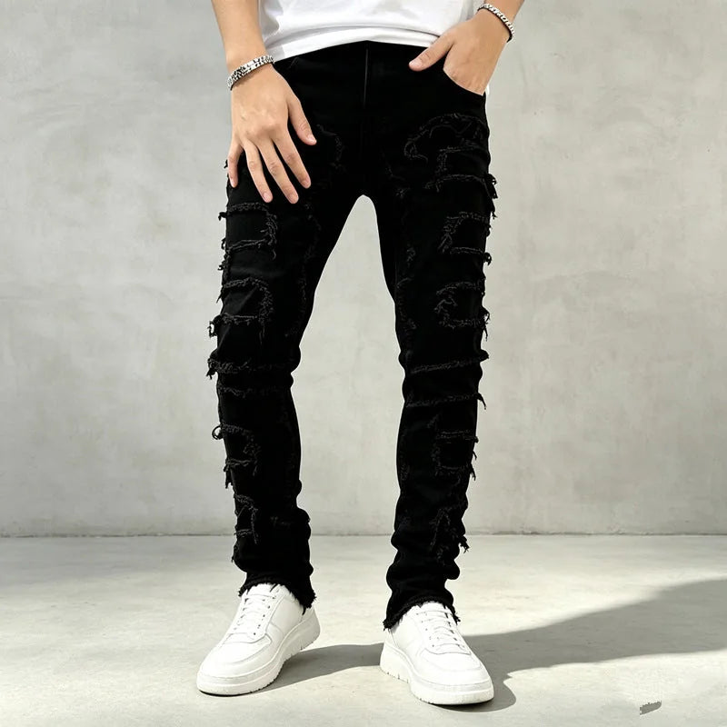 Black Men's Distressed Skinny Jeans with Frayed Detailing - Front Full