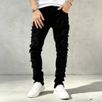 Black Men's Distressed Skinny Jeans with Frayed Detailing - Front Full