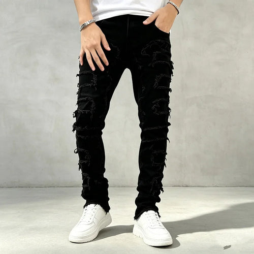 Black Men's Distressed Skinny Jeans with Frayed Detailing - Front Full