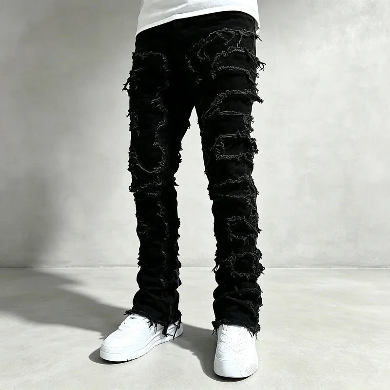 Black Men's Distressed Skinny Jeans with Frayed Detailing - Front Pose