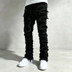 Black Men's Distressed Skinny Jeans with Frayed Detailing - Front Pose