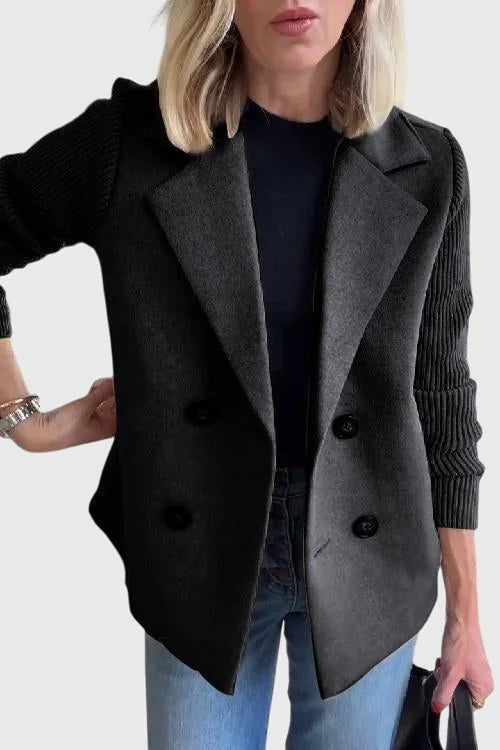 Black Women's Double-Breasted Long Blazer — Delia Tailored Sweater-Sleeve Menswear - Front Pose