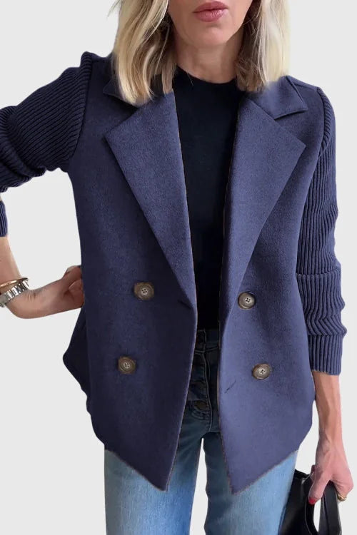 Blue Women's Double-Breasted Long Blazer — Delia Tailored Sweater-Sleeve Menswear - Side Pose