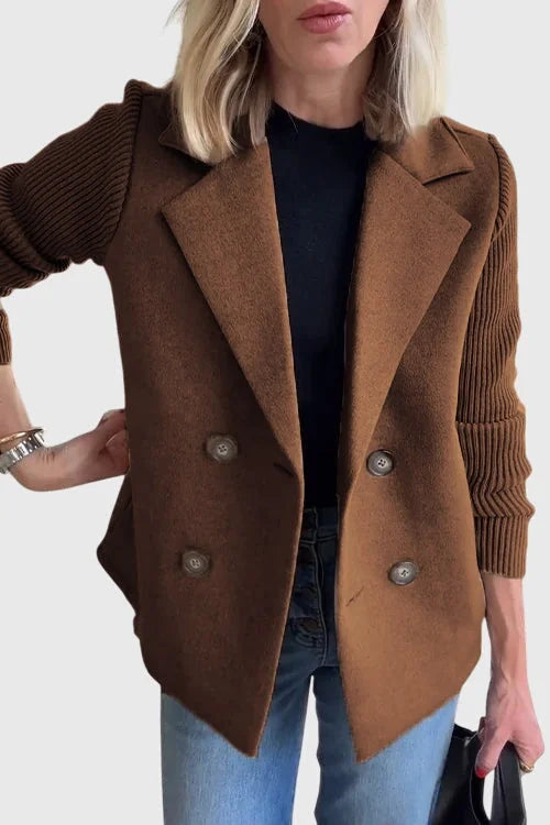 Brown Women's Double-Breasted Long Blazer — Delia Tailored Sweater-Sleeve Menswear - Front View