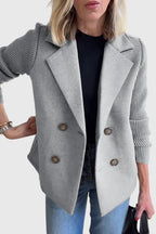 Gray Women's Double-Breasted Long Blazer — Delia Tailored Sweater-Sleeve Menswear - Hand On Hip