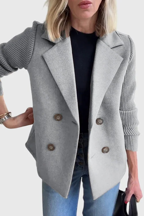 Gray Women's Double-Breasted Long Blazer — Delia Tailored Sweater-Sleeve Menswear - Hand On Hip