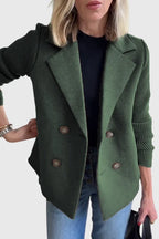 Green Women's Double-Breasted Long Blazer — Delia Tailored Sweater-Sleeve Menswear - Arm Detail