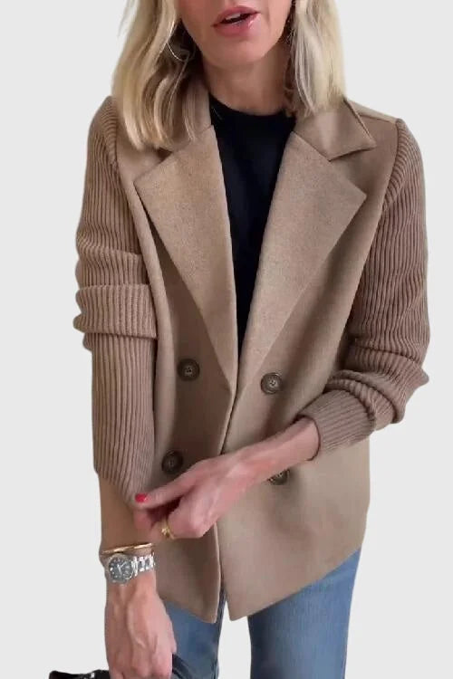 Khaki Women's Double-Breasted Long Blazer — Delia Tailored Sweater-Sleeve Menswear - Front Closeup