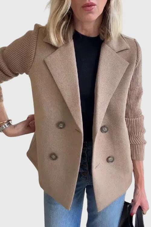 Khaki Women's Double-Breasted Long Blazer — Delia Tailored Sweater-Sleeve Menswear - Front Full
