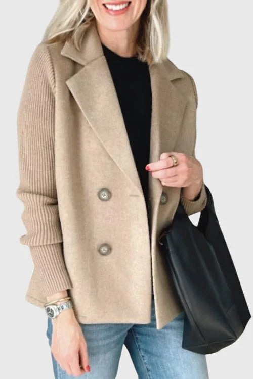 Khaki Women's Double-Breasted Long Blazer — Delia Tailored Sweater-Sleeve Menswear - Worn Lifestyle