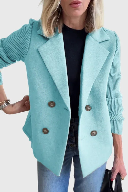Light Blue Women's Double-Breasted Long Blazer — Delia Tailored Sweater-Sleeve Menswear - Close Up Lapel