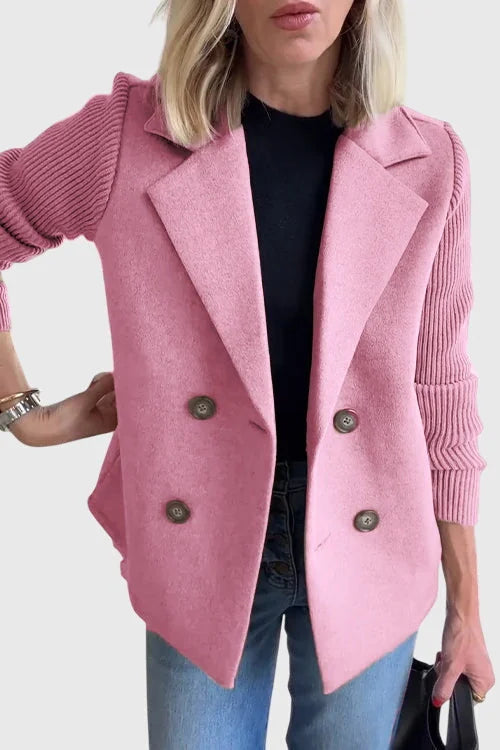 Pink Women's Double-Breasted Long Blazer — Delia Tailored Sweater-Sleeve Menswear - Studio Front