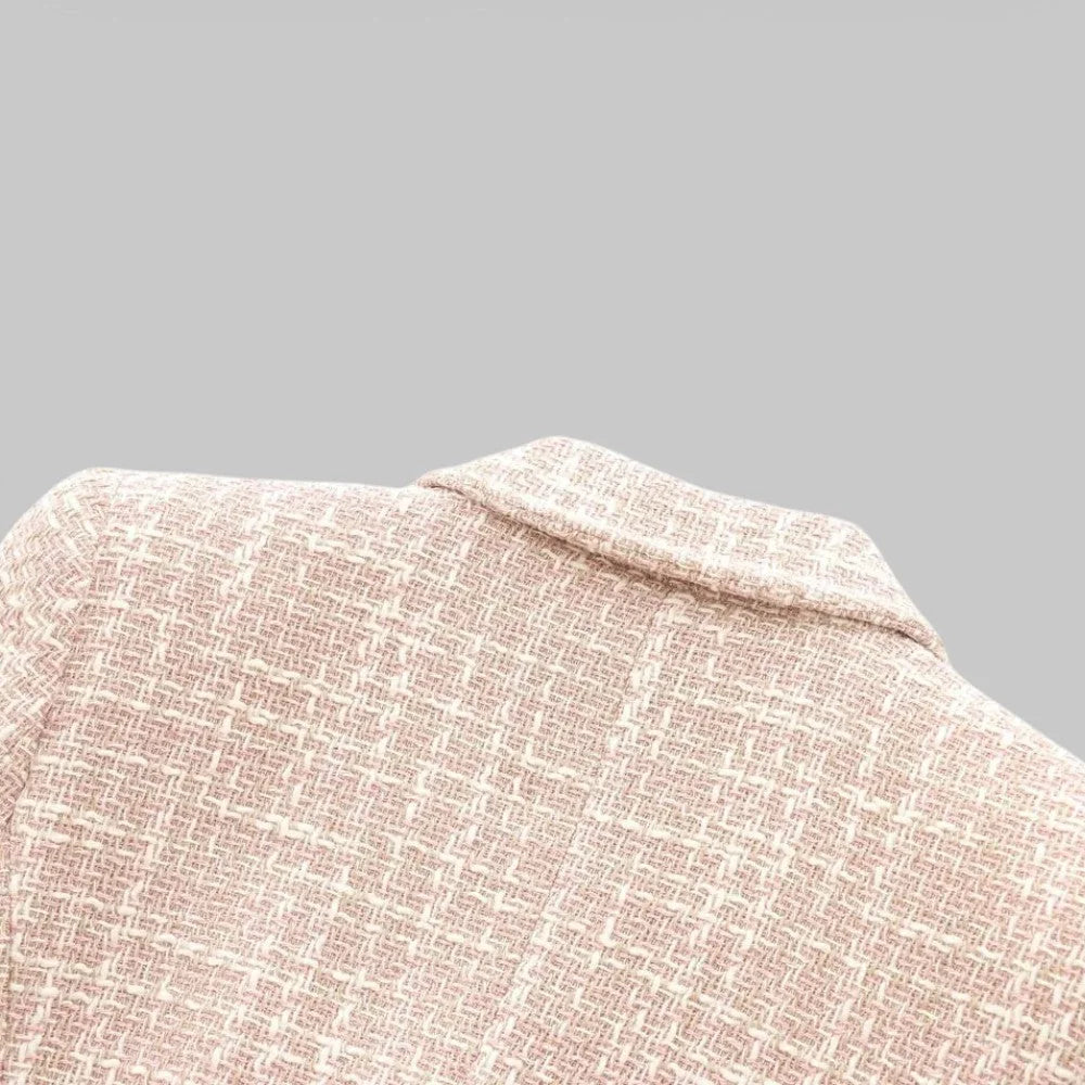 Pink Women's Double-Breasted Pink Tweed Blazer — Honor Lined Gold-Button Tailored - Back Collar Detail