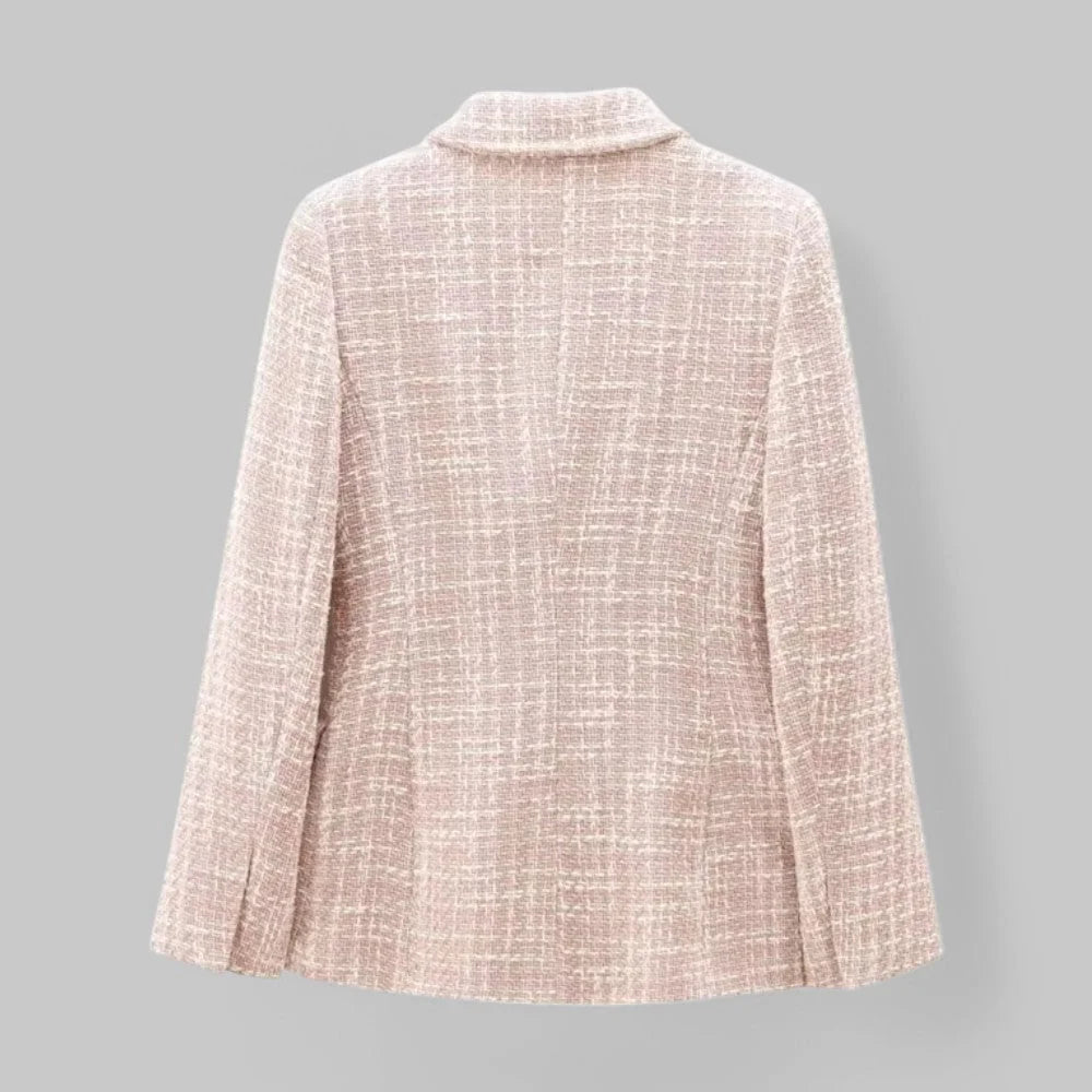 Pink Women's Double-Breasted Pink Tweed Blazer — Honor Lined Gold-Button Tailored - Back Full