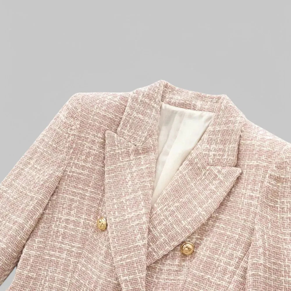 Pink Women's Double-Breasted Pink Tweed Blazer — Honor Lined Gold-Button Tailored - Close Up Collar Lapel