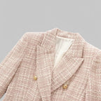 Pink Women's Double-Breasted Pink Tweed Blazer — Honor Lined Gold-Button Tailored - Close Up Collar Lapel