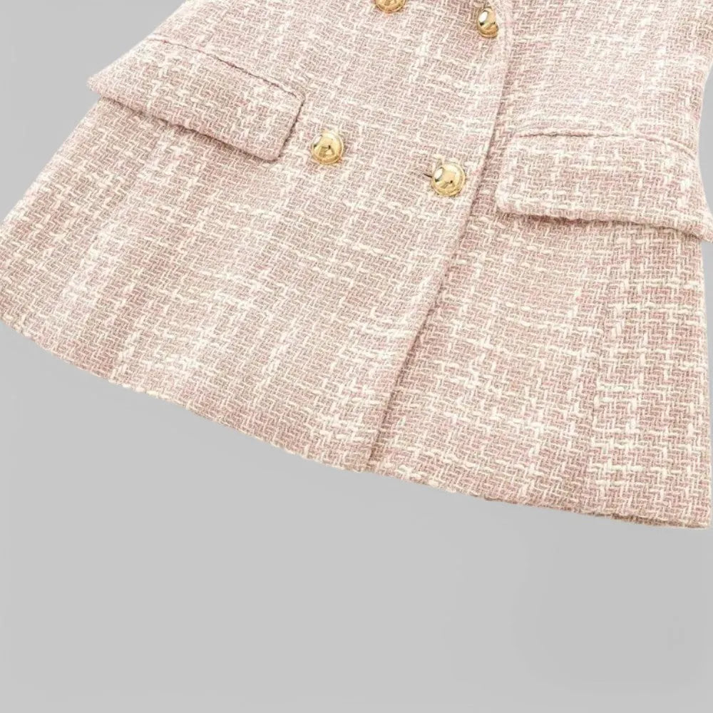 Pink Women's Double-Breasted Pink Tweed Blazer — Honor Lined Gold-Button Tailored - Close Up Pocket Button