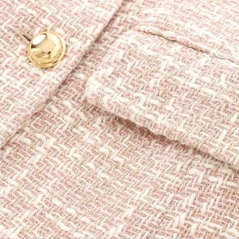 Pink Women's Double-Breasted Pink Tweed Blazer — Honor Lined Gold-Button Tailored - Fabric Button Detail