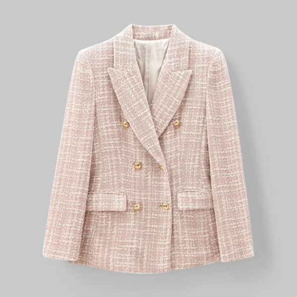 Pink Women's Double-Breasted Pink Tweed Blazer — Honor Lined Gold-Button Tailored - Front Full
