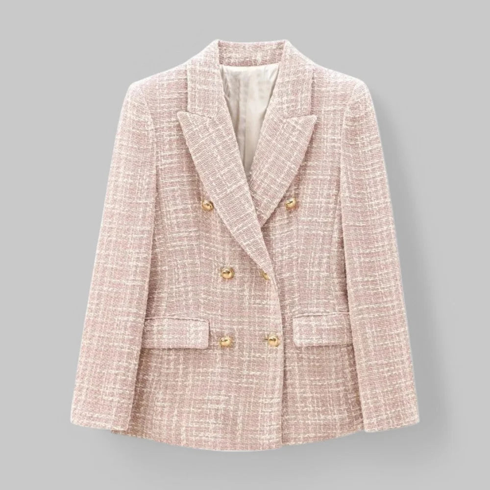 Pink Women's Double-Breasted Pink Tweed Blazer — Honor Lined Gold-Button Tailored - Front Full