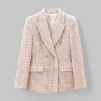 Pink Women's Double-Breasted Pink Tweed Blazer — Honor Lined Gold-Button Tailored - Front Full