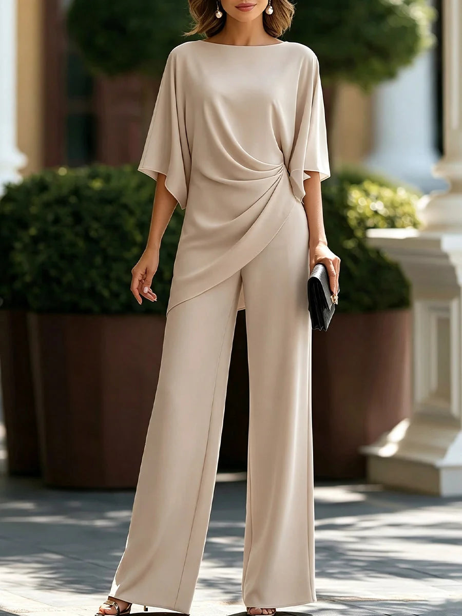 Beige Women's Draped Wide-Leg Two-Piece Set — Florence Batwing Sleeve Ruched - Front Pose