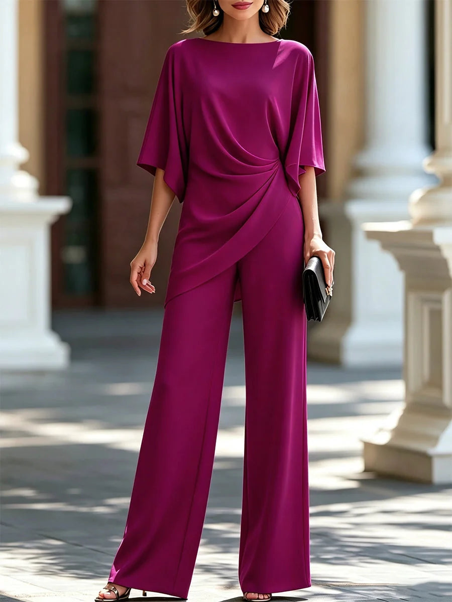 Fuchsia Women's Draped Wide-Leg Two-Piece Set — Florence Batwing Sleeve Ruched - Front Pose