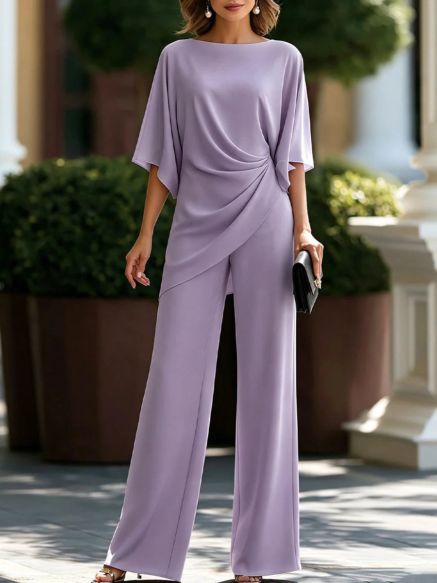 Lavender Women's Draped Wide-Leg Two-Piece Set — Florence Batwing Sleeve Ruched - Front Pose