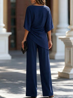 Navy Blue Women's Draped Wide-Leg Two-Piece Set — Florence Batwing Sleeve Ruched - Back Detail