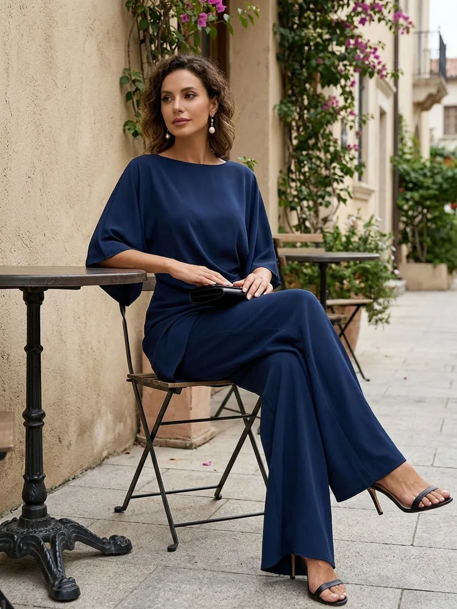 Navy Blue Women's Draped Wide-Leg Two-Piece Set — Florence Batwing Sleeve Ruched - Seated Side Pose
