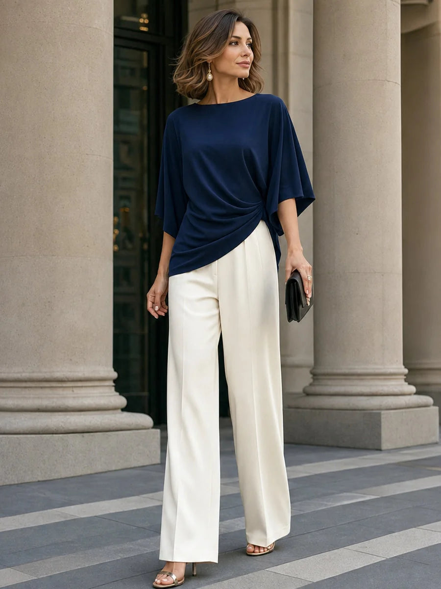 Navy Blue Women's Draped Wide-Leg Two-Piece Set — Florence Batwing Sleeve Ruched - Standing Mixed Outfit