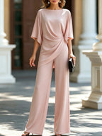 Pink Women's Draped Wide-Leg Two-Piece Set — Florence Batwing Sleeve Ruched - Front Pose
