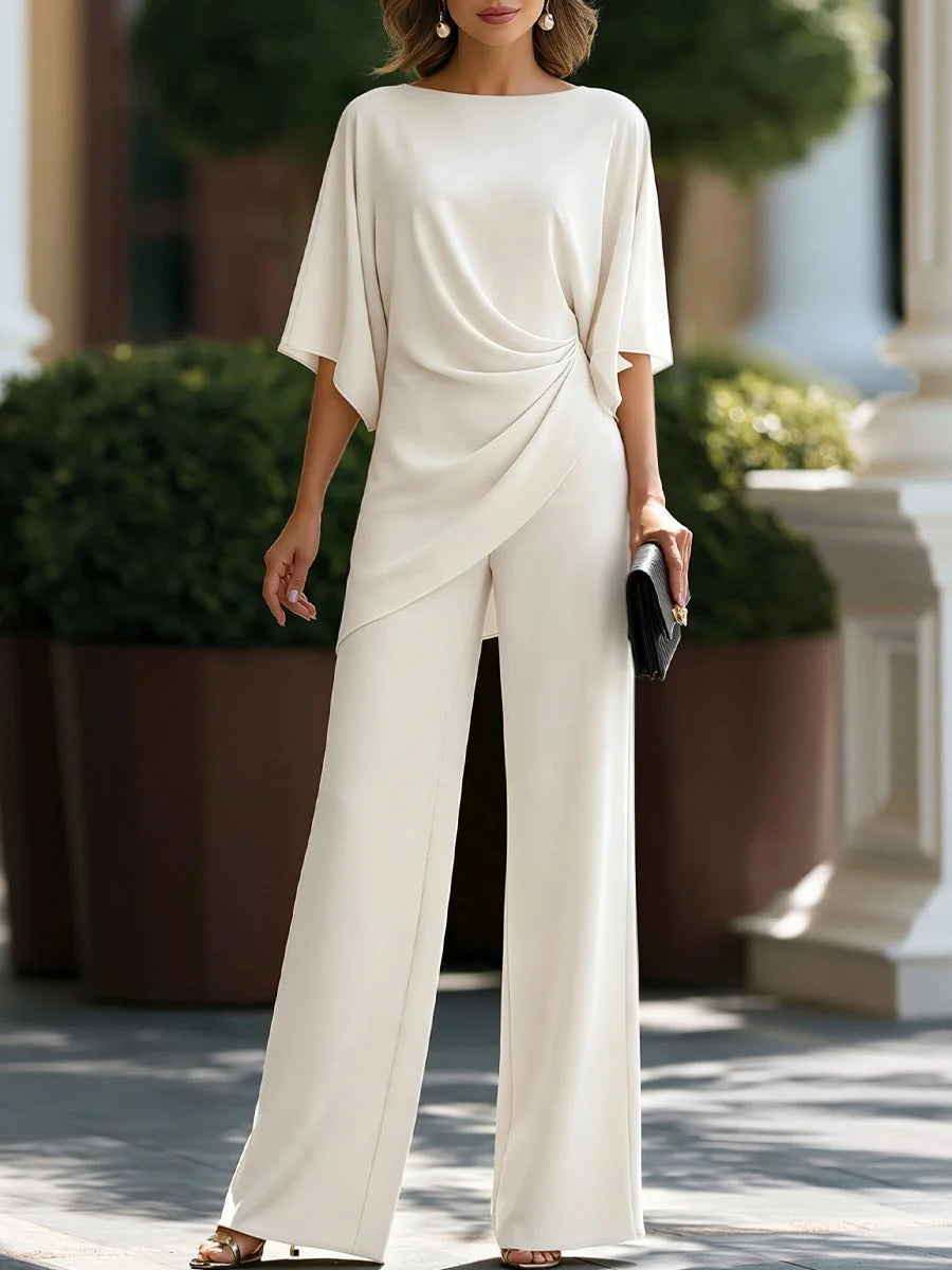 White Women's Draped Wide-Leg Two-Piece Set — Florence Batwing Sleeve Ruched - Front Pose